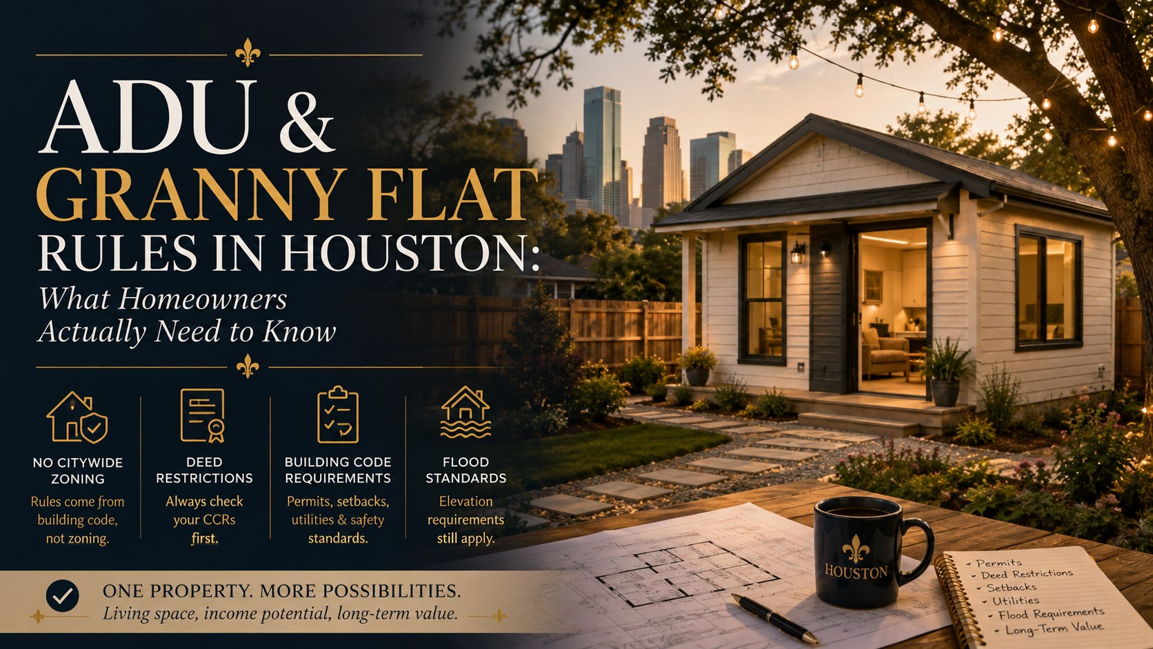 ADU and granny flat rules in Houston — a small backyard cottage with the downtown Houston skyline visible beyond the trees