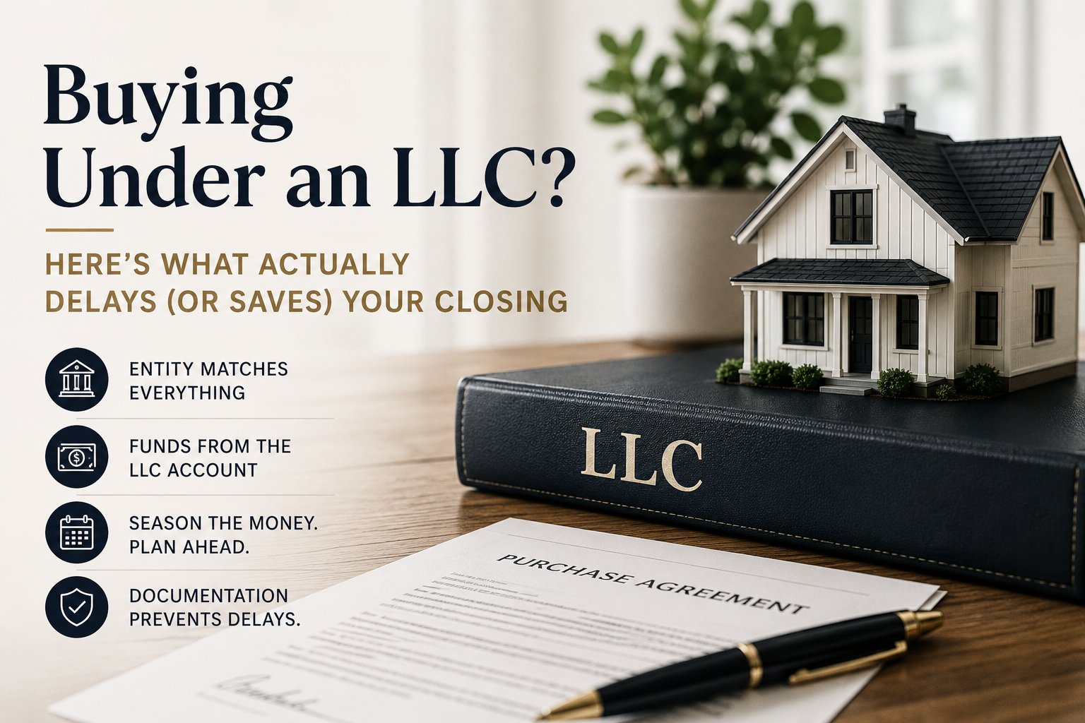 Purchase agreement, pen, and a book labeled LLC beside a model home, representing buying real estate under an LLC