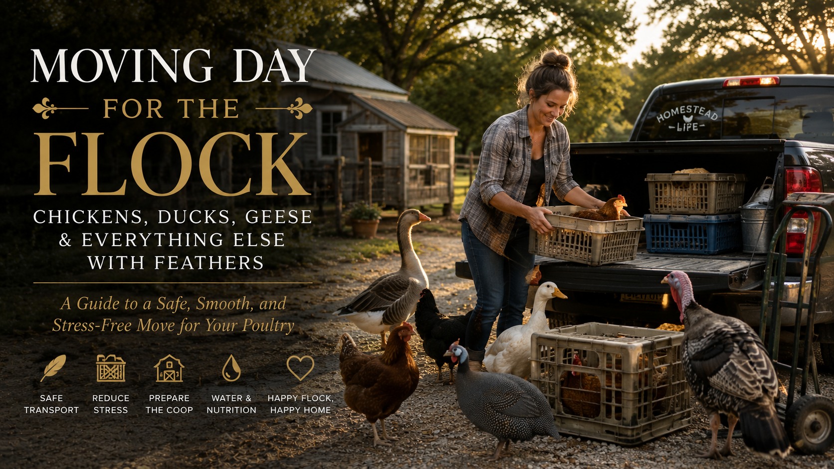 A woman loading chickens, ducks, geese, and a turkey into crates in a truck bed for a homestead move