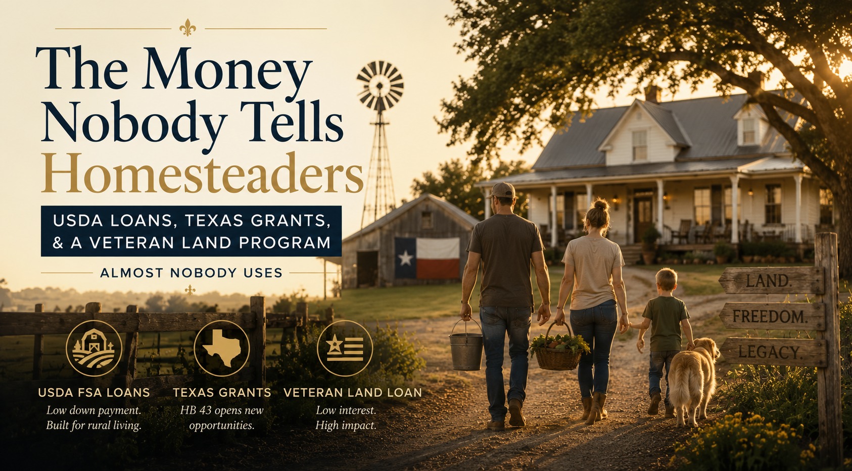 A family walking toward a Texas farmhouse with a Texas flag barn, illustrating USDA FSA loans, Texas grants, and veteran land loan programs