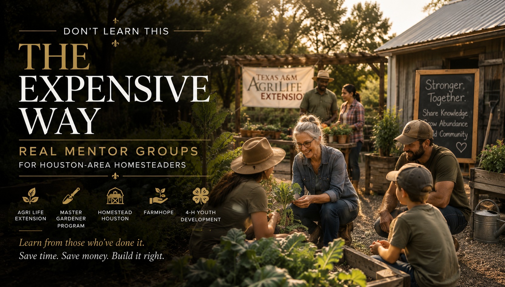 A group of homesteading mentors and a family learning to garden together, with a Texas A&M AgriLife Extension banner in the background