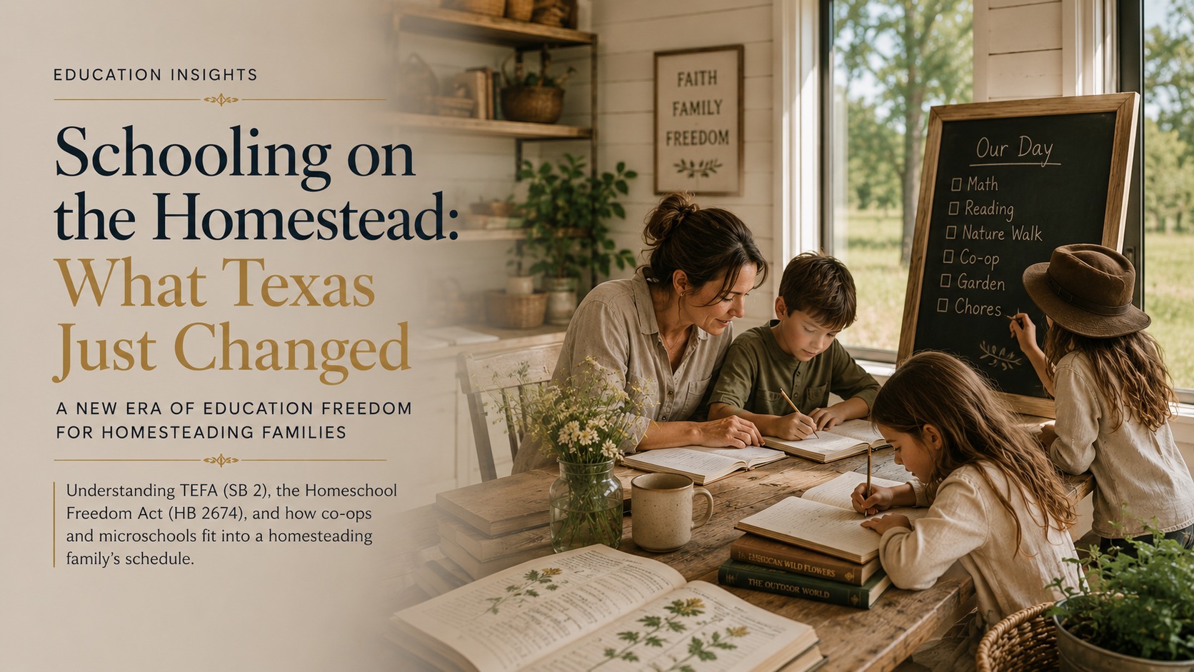 A mother homeschooling her children at a farmhouse table with a chalkboard listing Math, Reading, Nature Walk, Co-op, Garden, and Chores