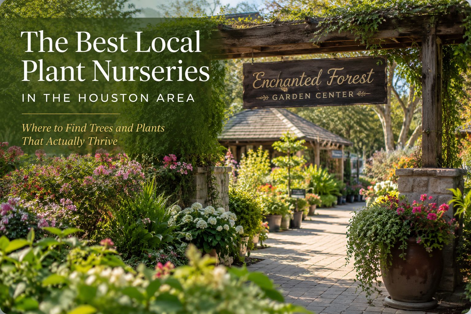The Best Local Plant Nurseries in Houston — garden path lined with hydrangeas and roses leading to a wooden garden center pergola