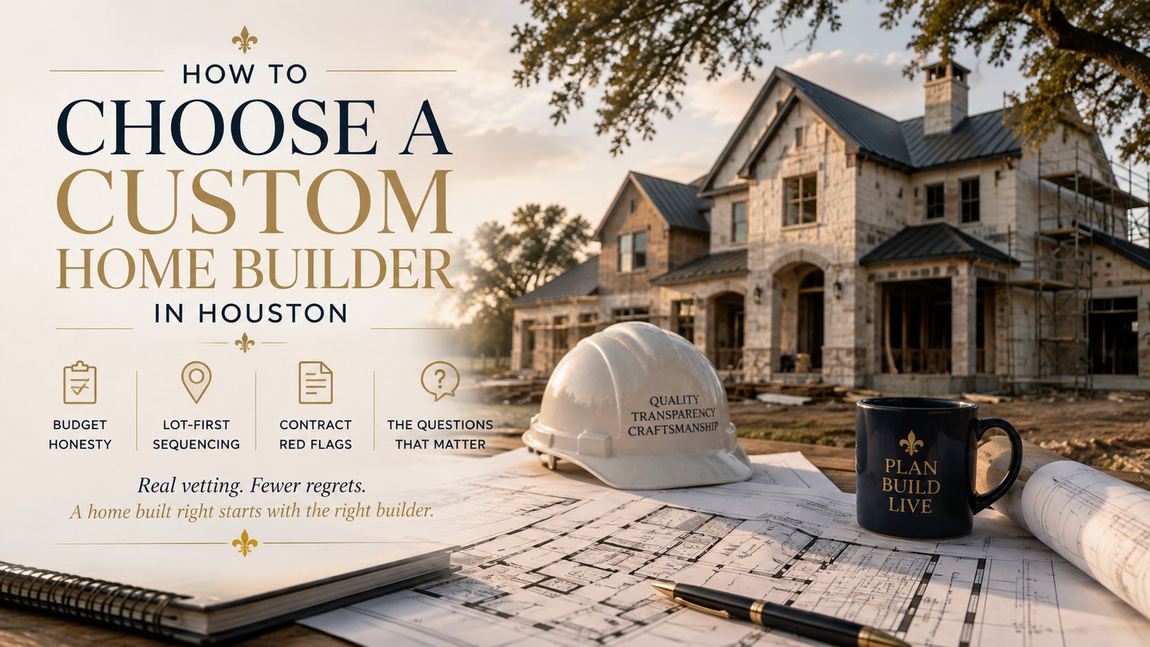 How to Choose a Custom Home Builder in Houston — hard hat, blueprints, and a partially built stone home under construction