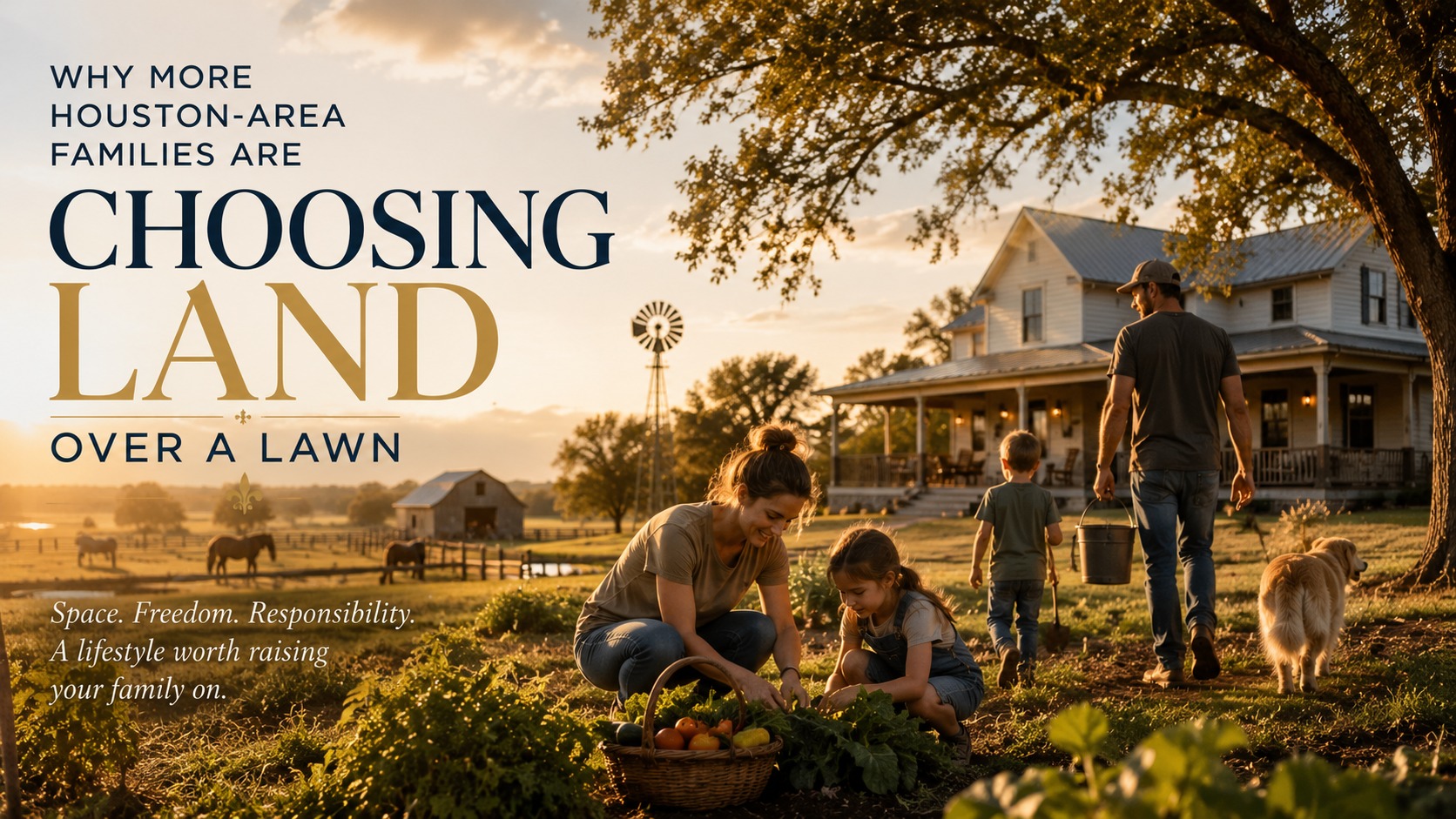 A family harvesting vegetables together in front of a Texas farmhouse at sunset, with horses grazing in the background